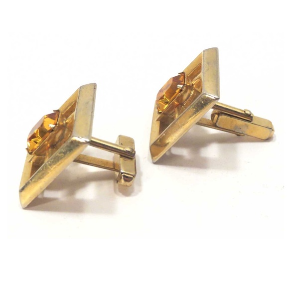 Vintage Cufflinks - Gold Square w/Topaz - Picture 2 of 3